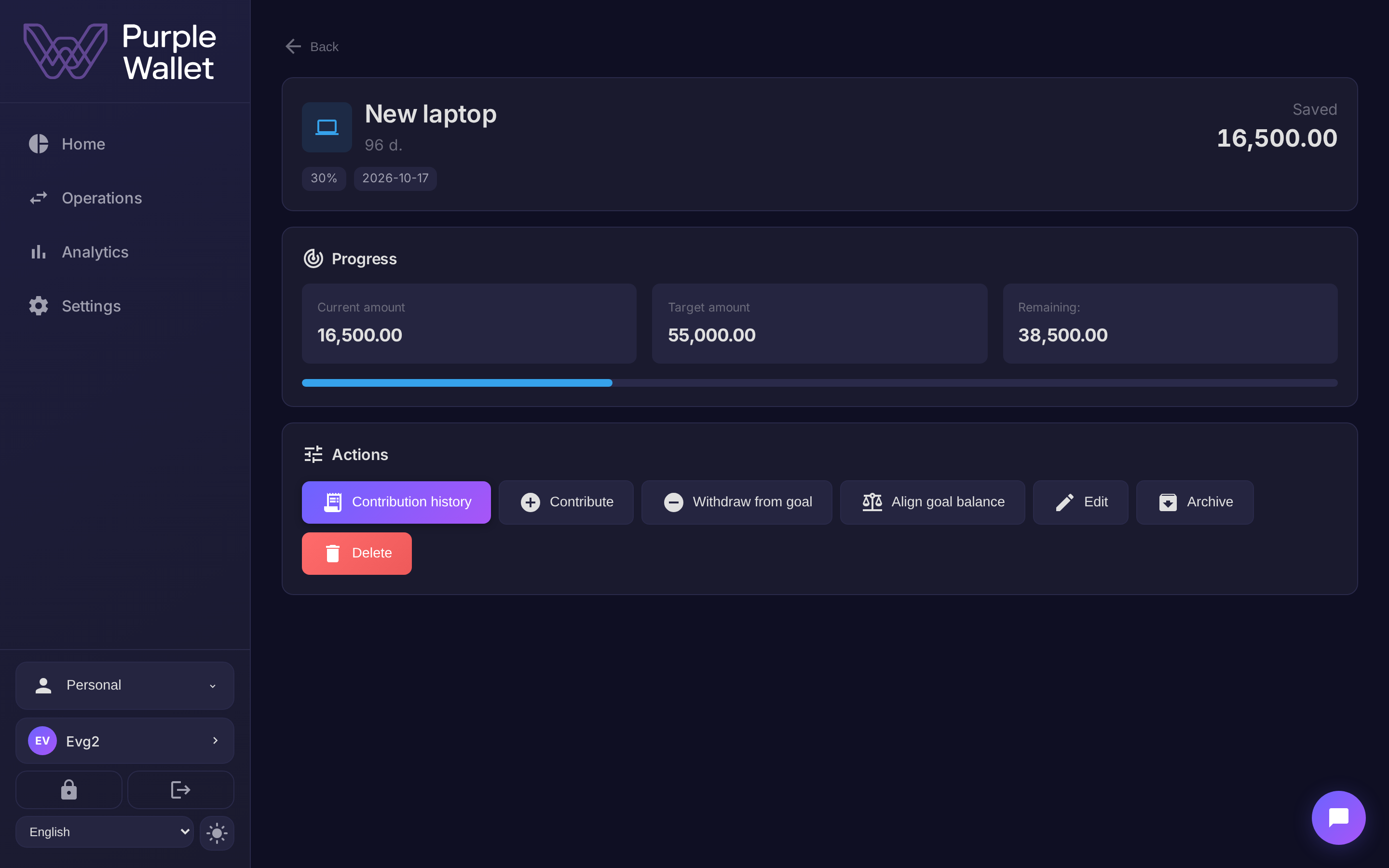 Goal details and top-up