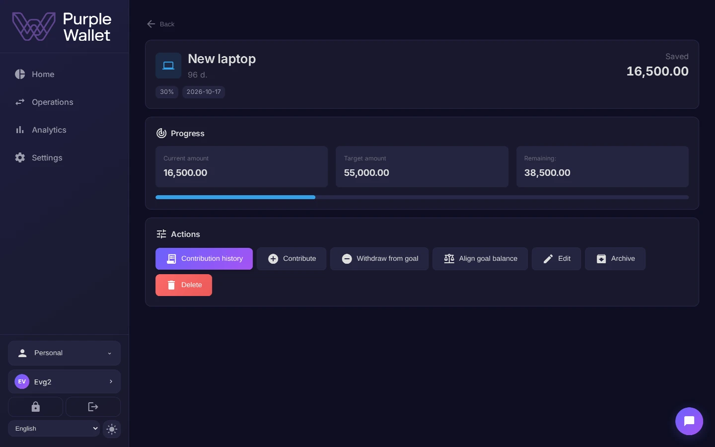 Goal details and top-up