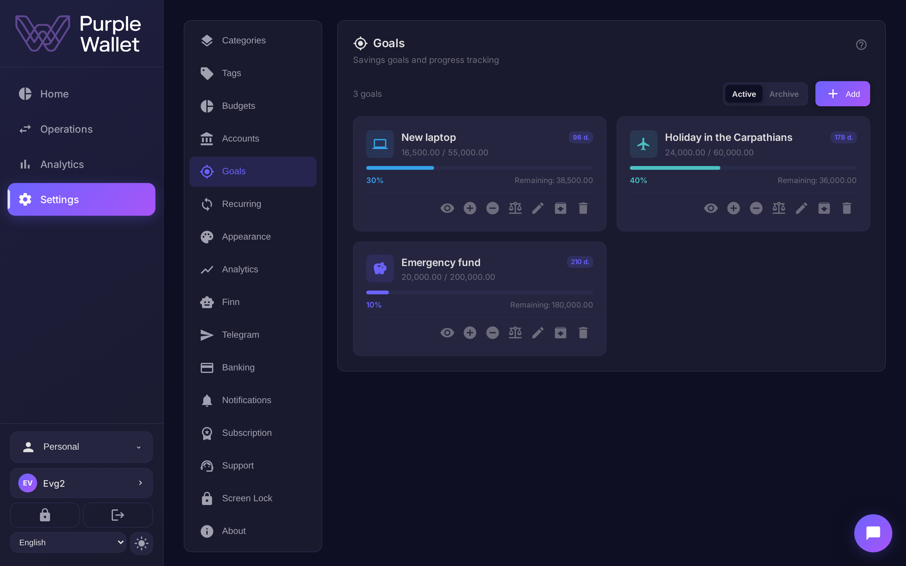 Goals screen with progress