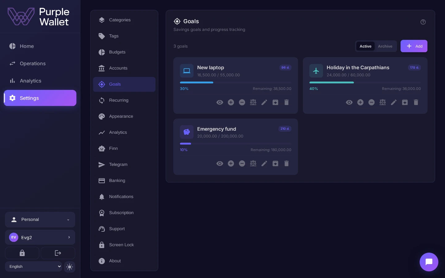 Goals screen with progress
