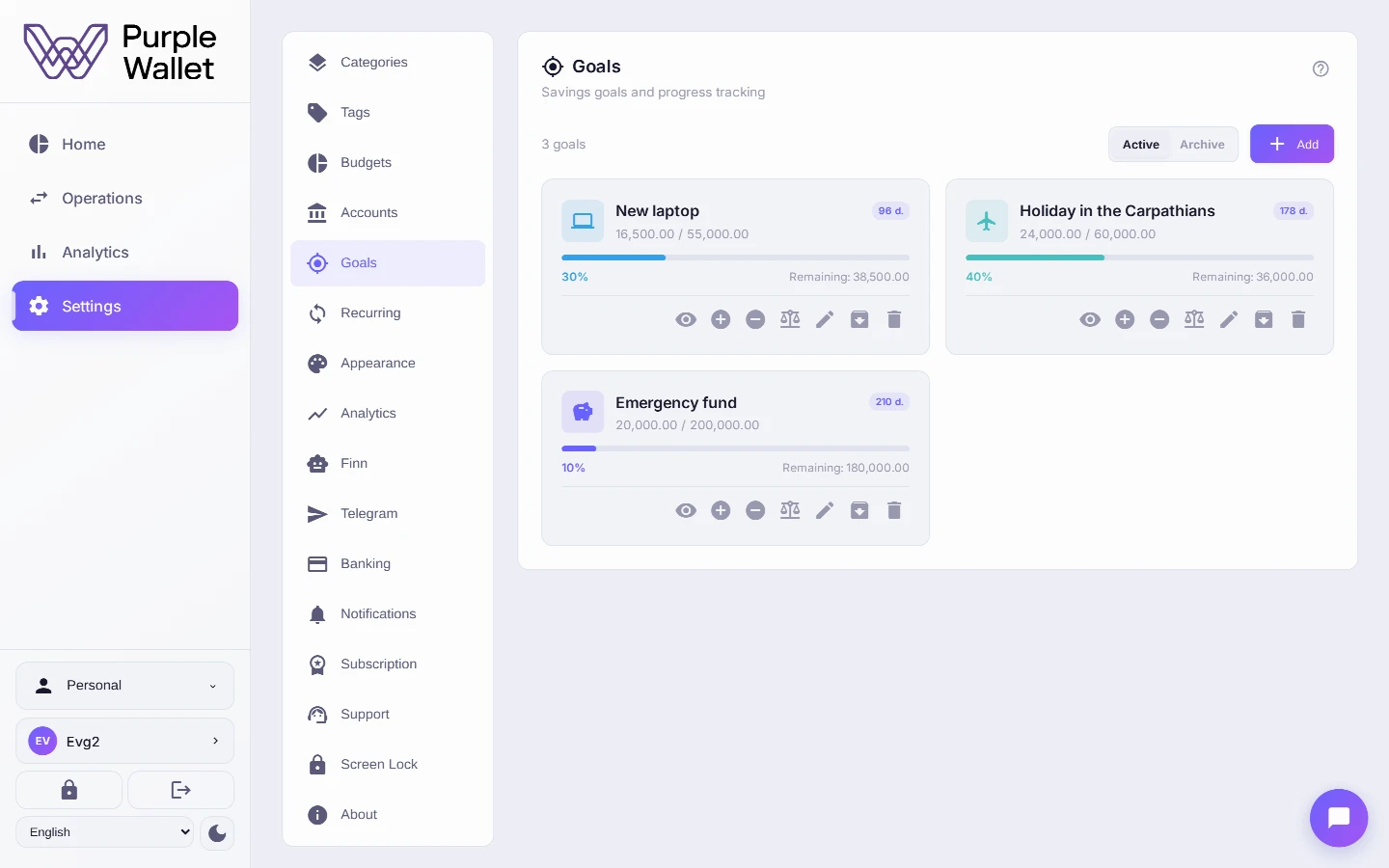 Goals screen with progress