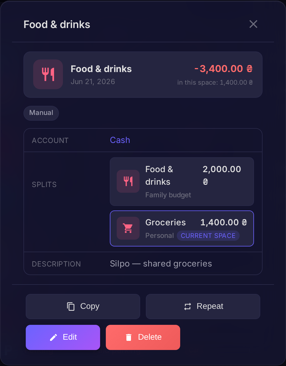 Splitting a transaction by category