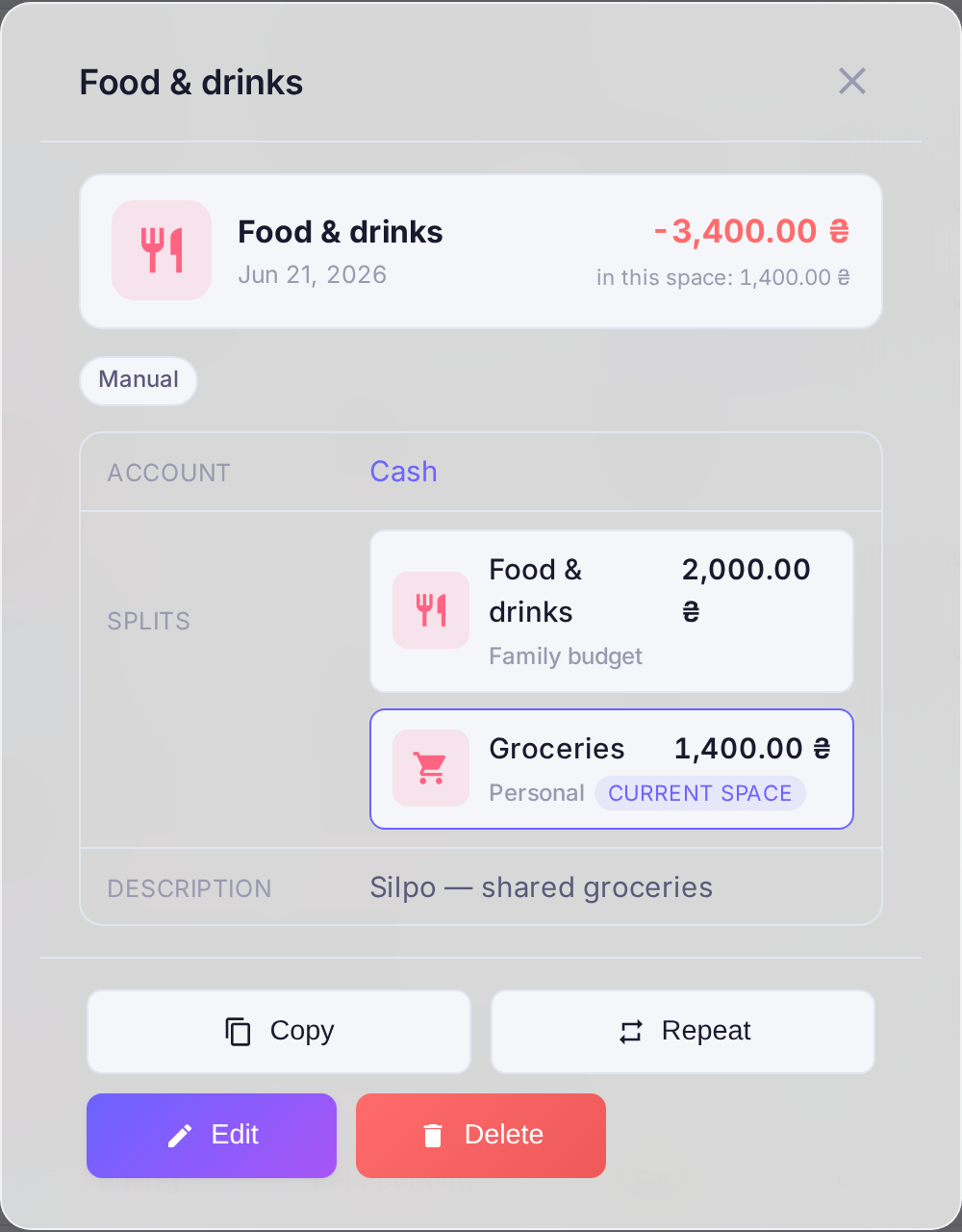 Splitting a transaction by category