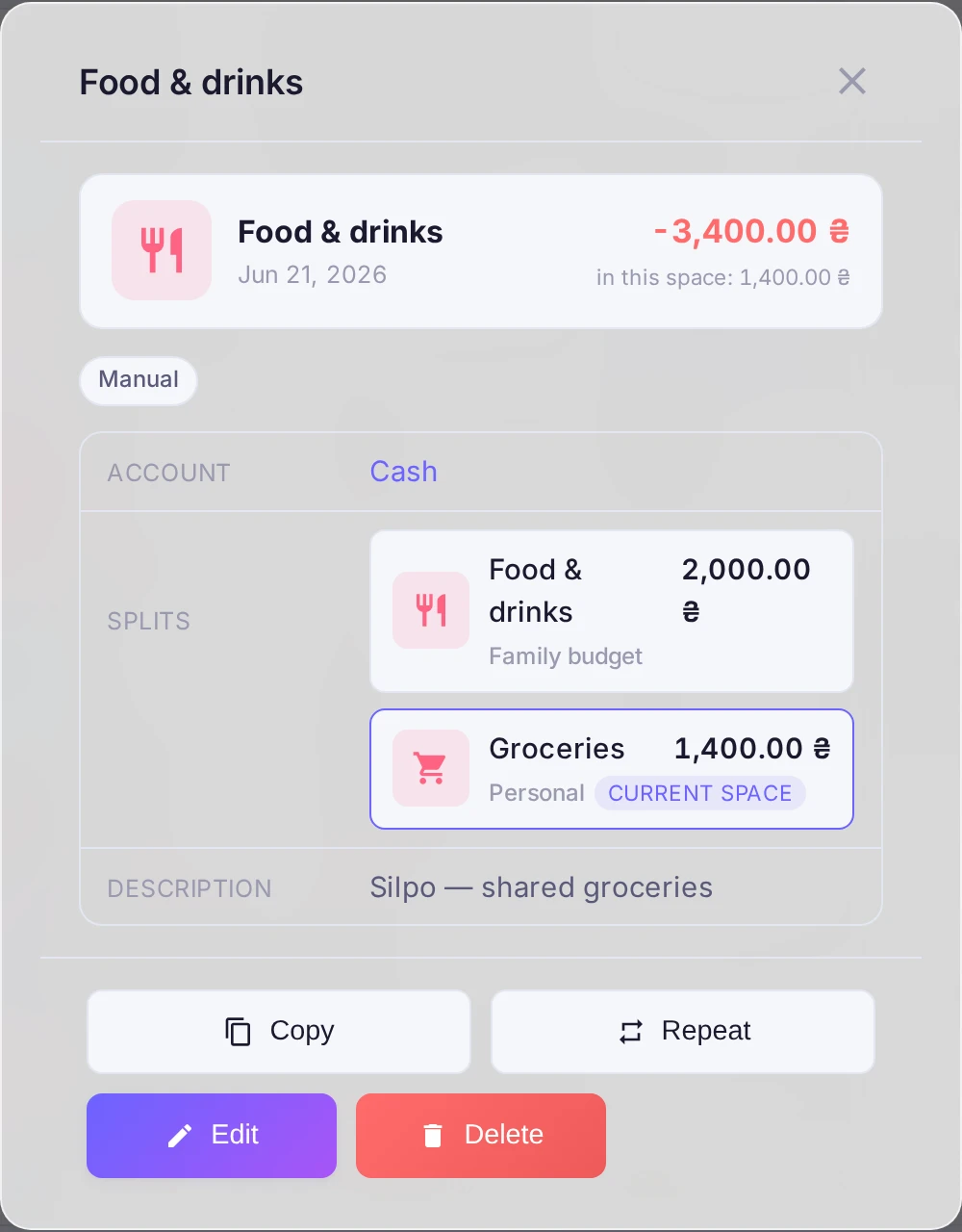 Splitting a transaction by category